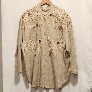Vintage Lim's Women's OS Fits All Tan Blouse Crochet Lace Button Down Cotton USA